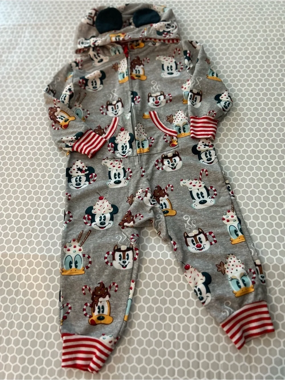 Disney Gray Holiday Character Hooded Baby One-Piece with Red Stripes Size 2